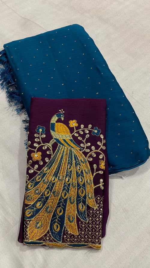 Plain Wrinkle Chiffon Saree with Contrast Peacock Design Embroidered Blouse