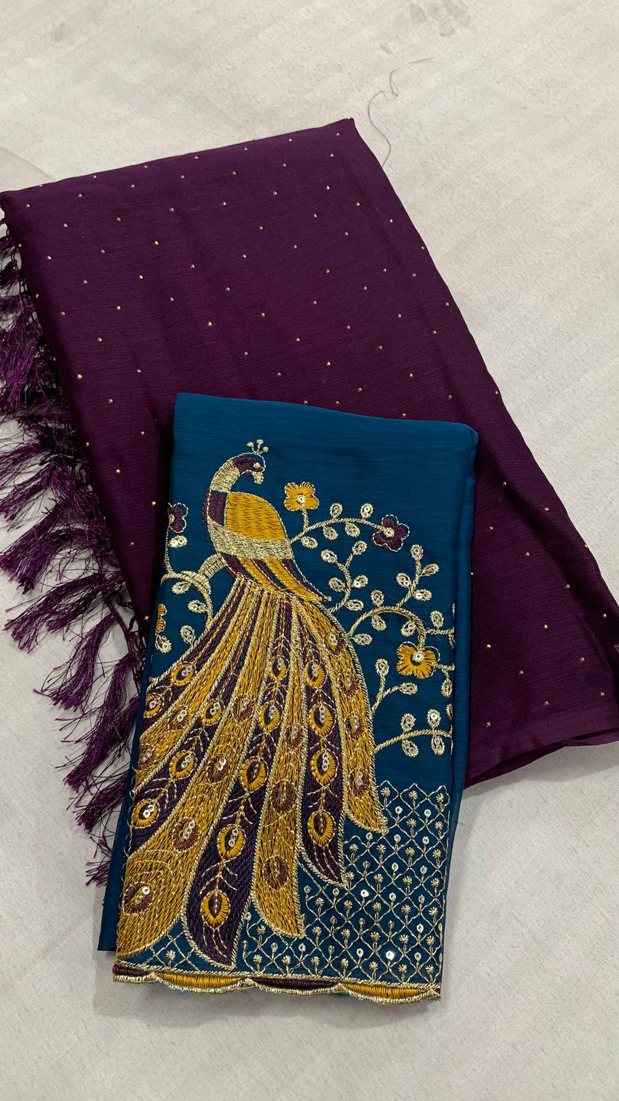 Plain Wrinkle Chiffon Saree with Contrast Peacock Design Embroidered Blouse