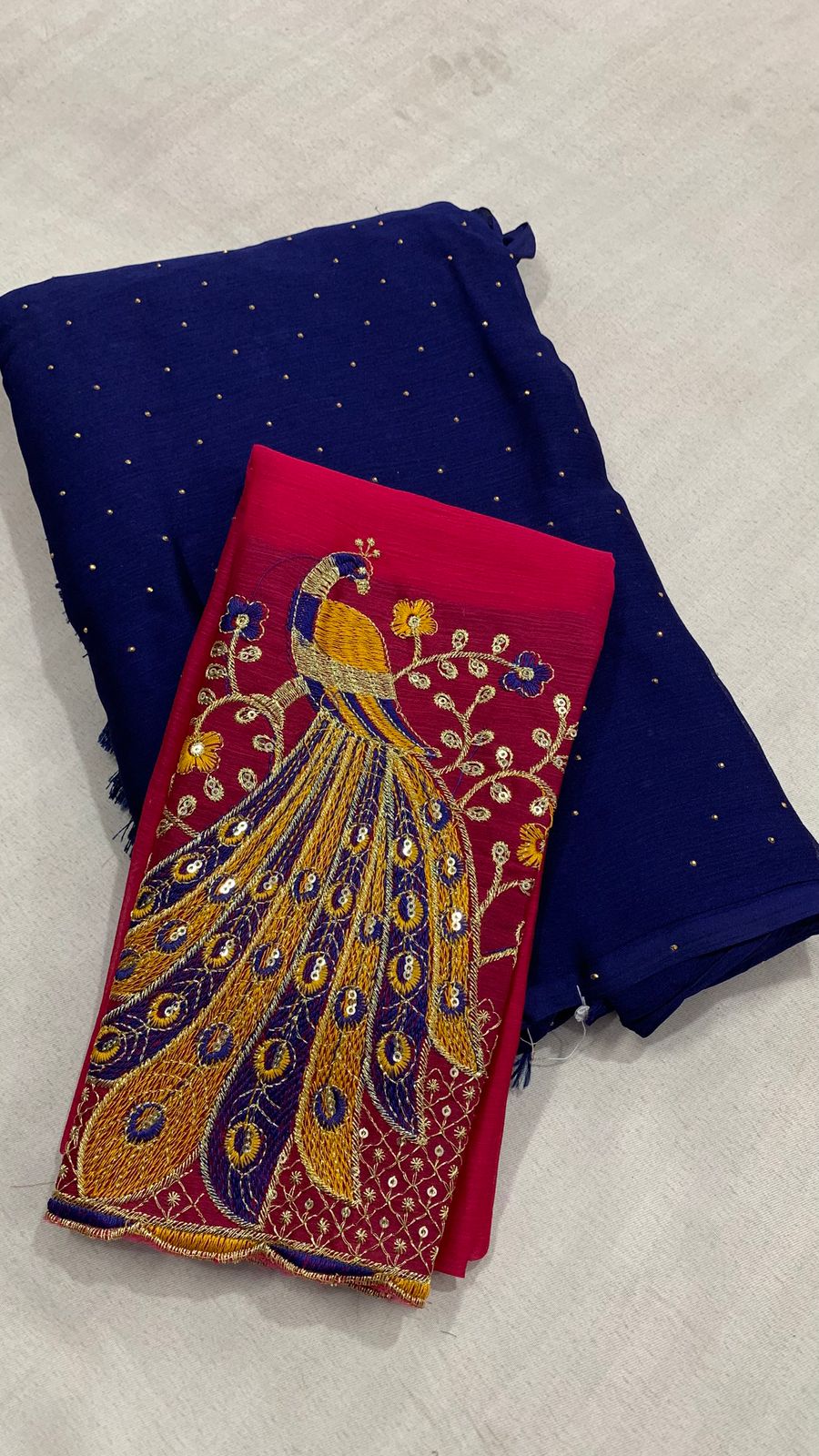 Plain Wrinkle Chiffon Saree with Contrast Peacock Design Embroidered Blouse