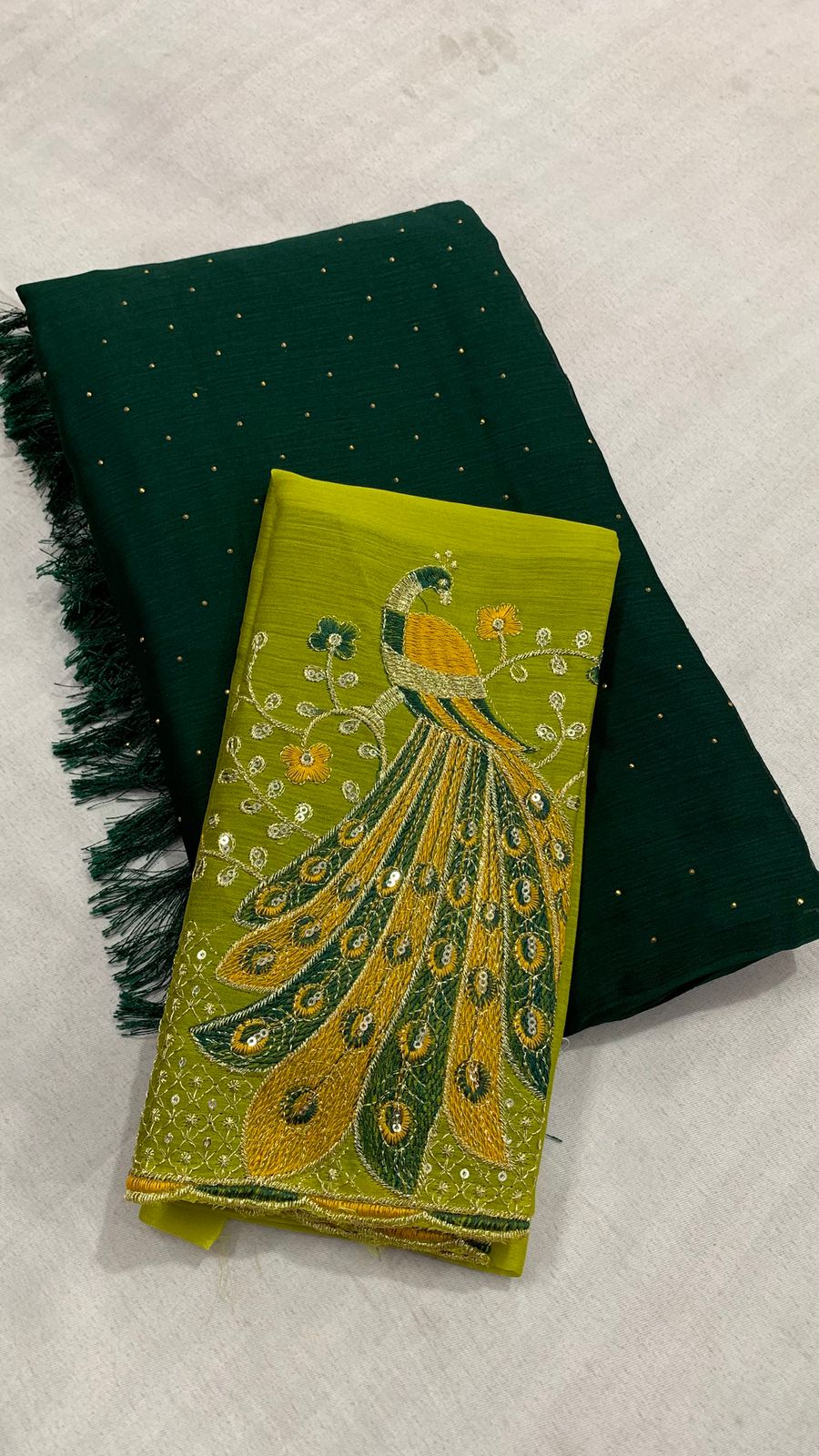 Plain Wrinkle Chiffon Saree with Contrast Peacock Design Embroidered Blouse
