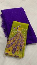 Plain Wrinkle Chiffon Saree with Contrast Peacock Design Embroidered Blouse