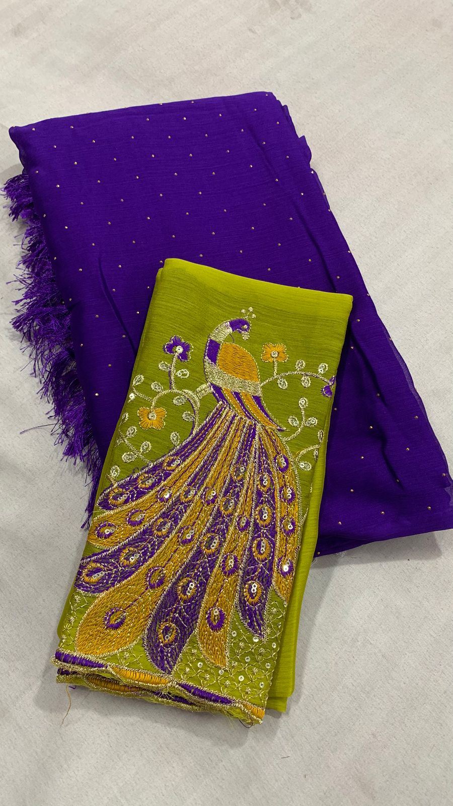 Plain Wrinkle Chiffon Saree with Contrast Peacock Design Embroidered Blouse