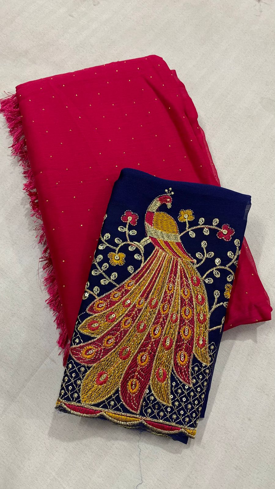 Plain Wrinkle Chiffon Saree with Contrast Peacock Design Embroidered Blouse