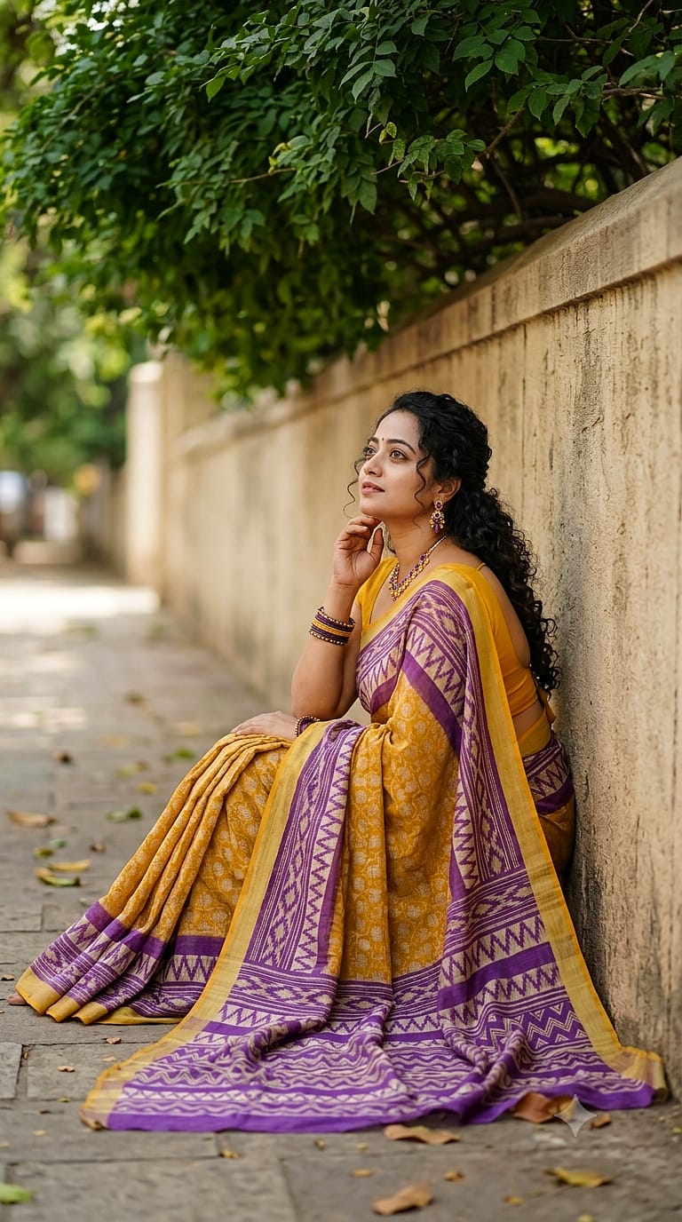 Soft Khicha Silk Saree in Block Print with Traditional Pallu Design