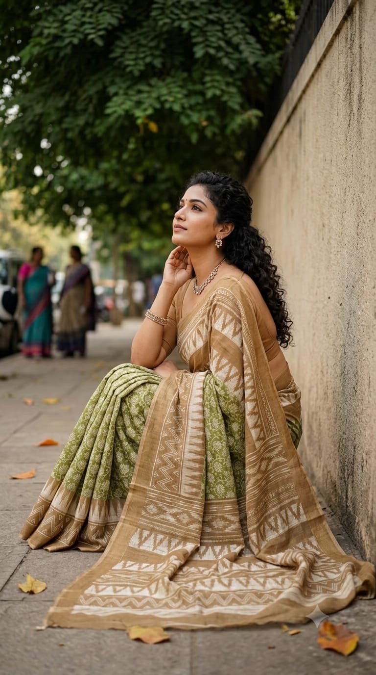 Soft Khicha Silk Saree in Block Print with Traditional Pallu Design
