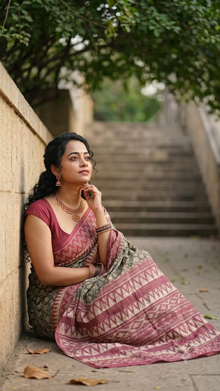 Soft Khicha Silk Saree in Block Print with Traditional Pallu Design