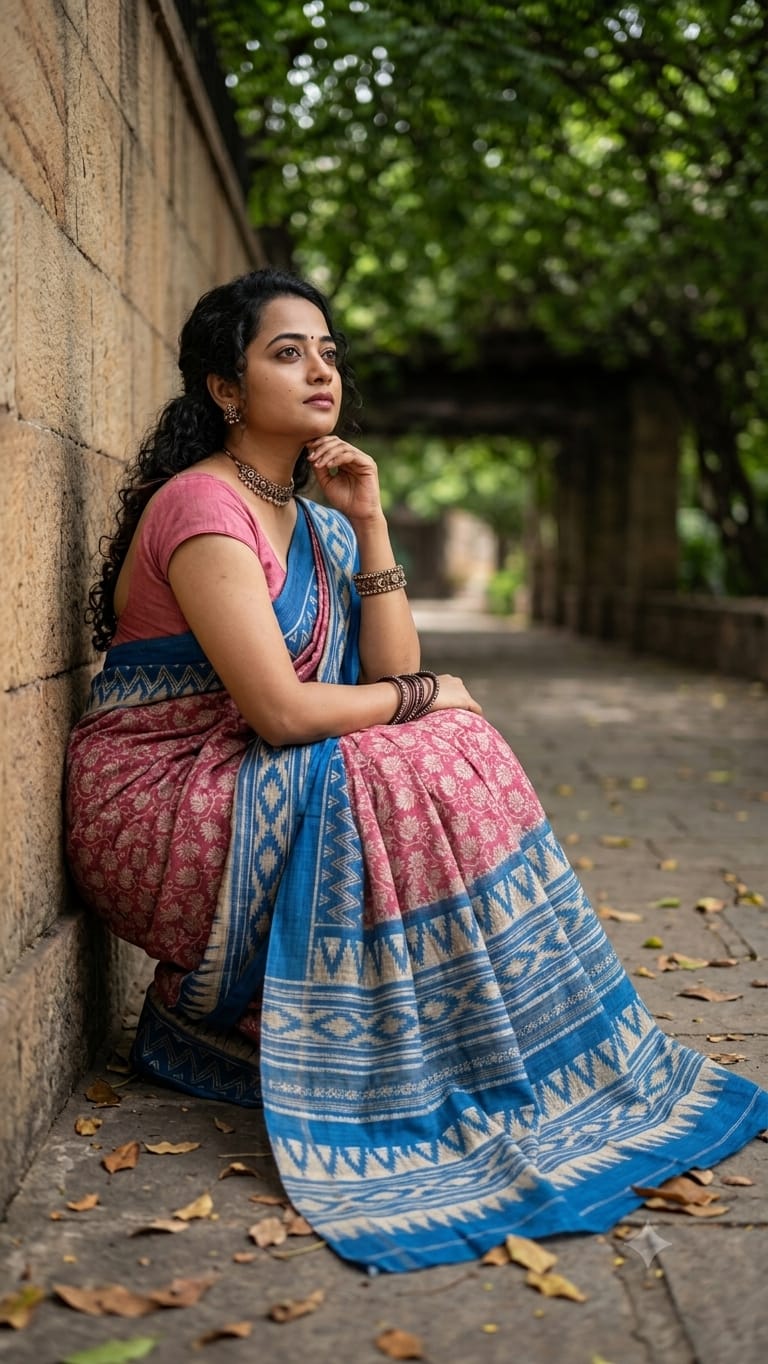 Soft Khicha Silk Saree in Block Print with Traditional Pallu Design