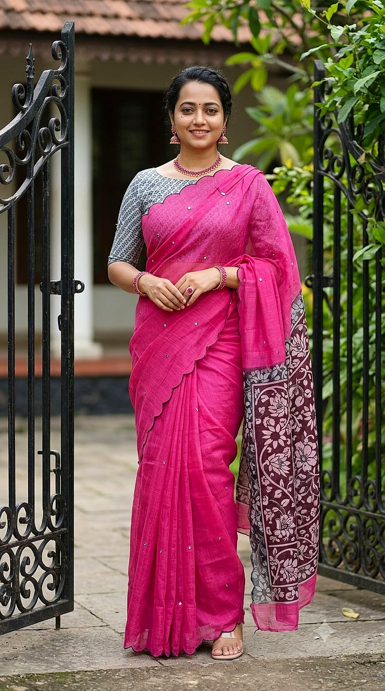 Linen Cotton Cut Work Saree with Mirror Work