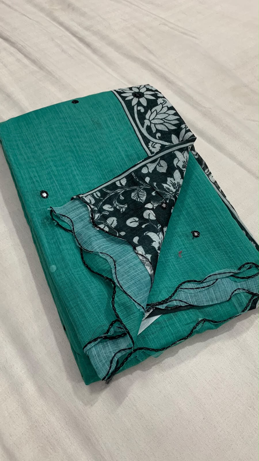 Linen Cotton Cut Work Saree with Mirror Work