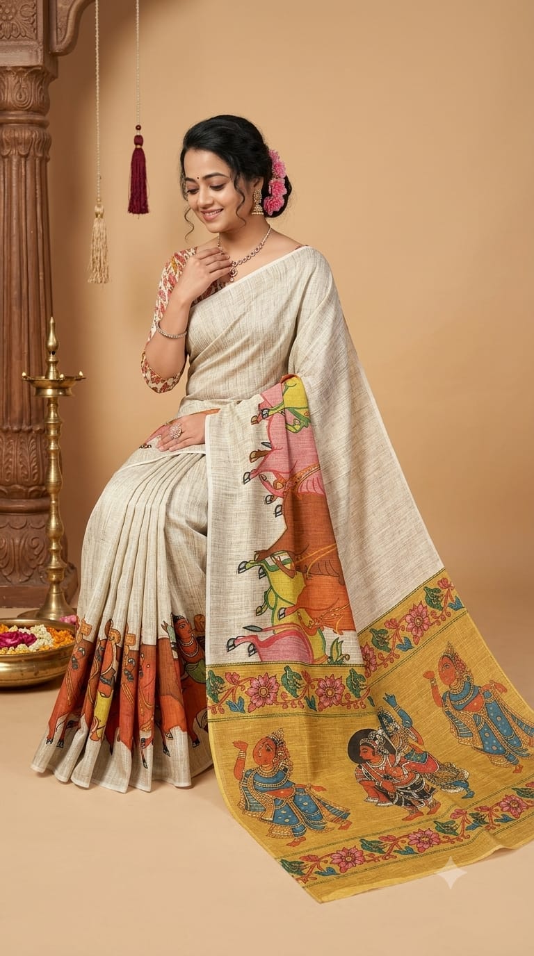 Linen Digital Print Cotton Saree