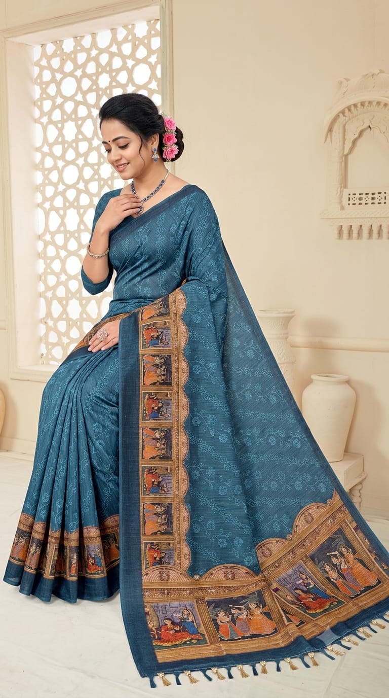 Linen Digital Print Cotton Saree
