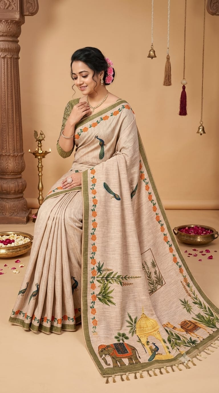 Linen Digital Print Cotton Saree